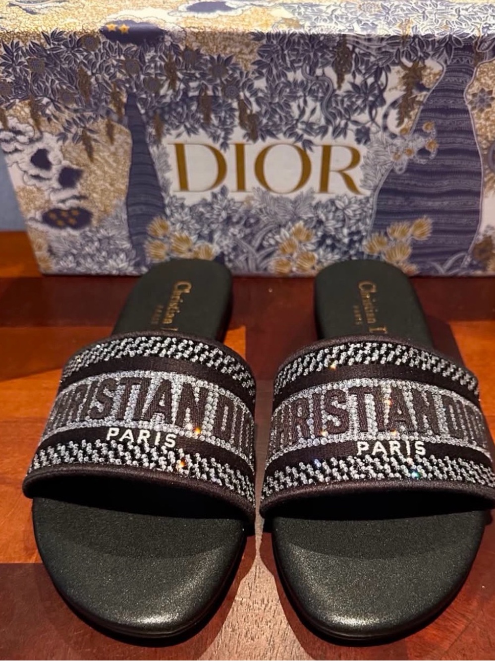 Dior Black Crystal-Trim Logo Slide Sandals